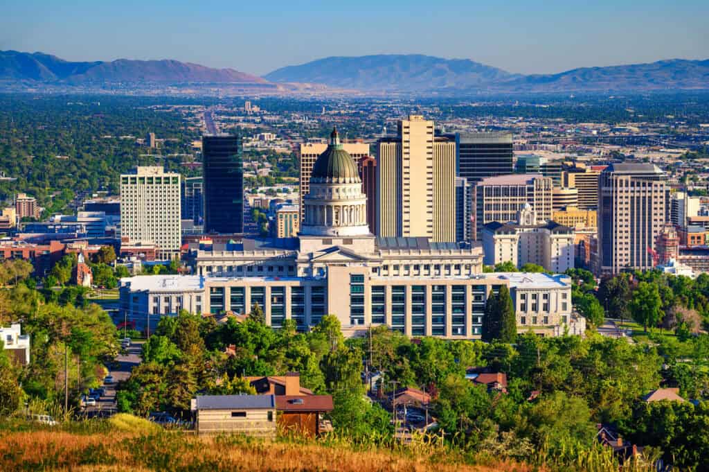 Salt Lake City skyline with Utah State Capitol. The capitol is the main building of the Utah State Capitol Complex, which is located on Capitol Hill.